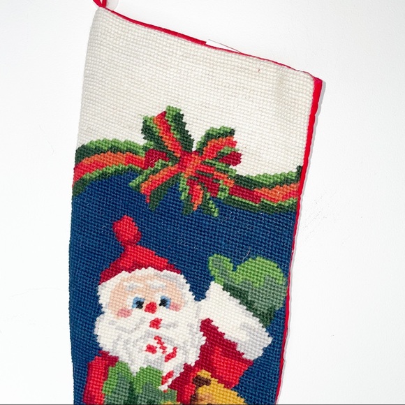 Vintage Christmas Stocking Santa Wool Needlepoint Cotton Backing - Picture 9 of 13